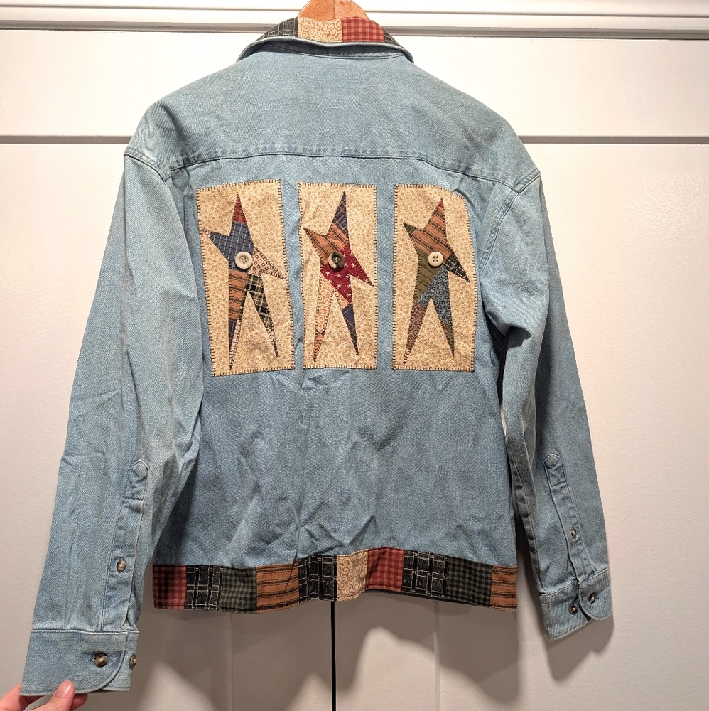 VINTAGE Country Plaid Stars Embroidered Denim Shirt Jacket Size Medium - Picture 9 of 12
